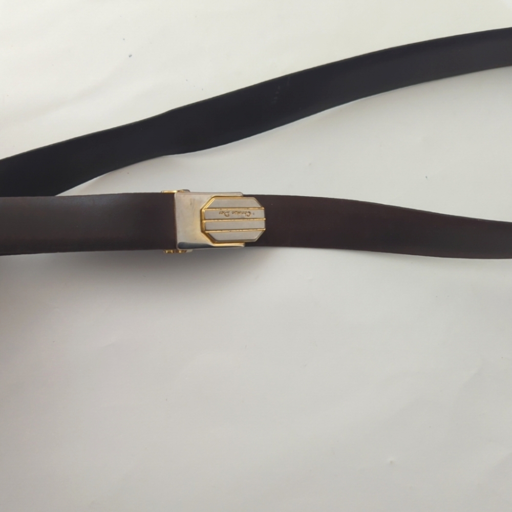 CHRISTIAN DIOR Vtg Leather Reversible Belt Logo Hardware Sz 34-41 Black/ Brown